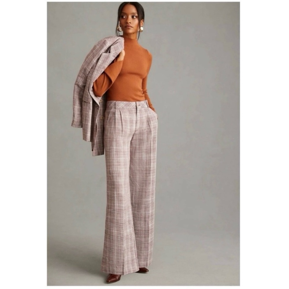 Anthropologie Maeve Pleated Wide Leg Trouser Pants Size 8 Brown Plaid High Rise‎